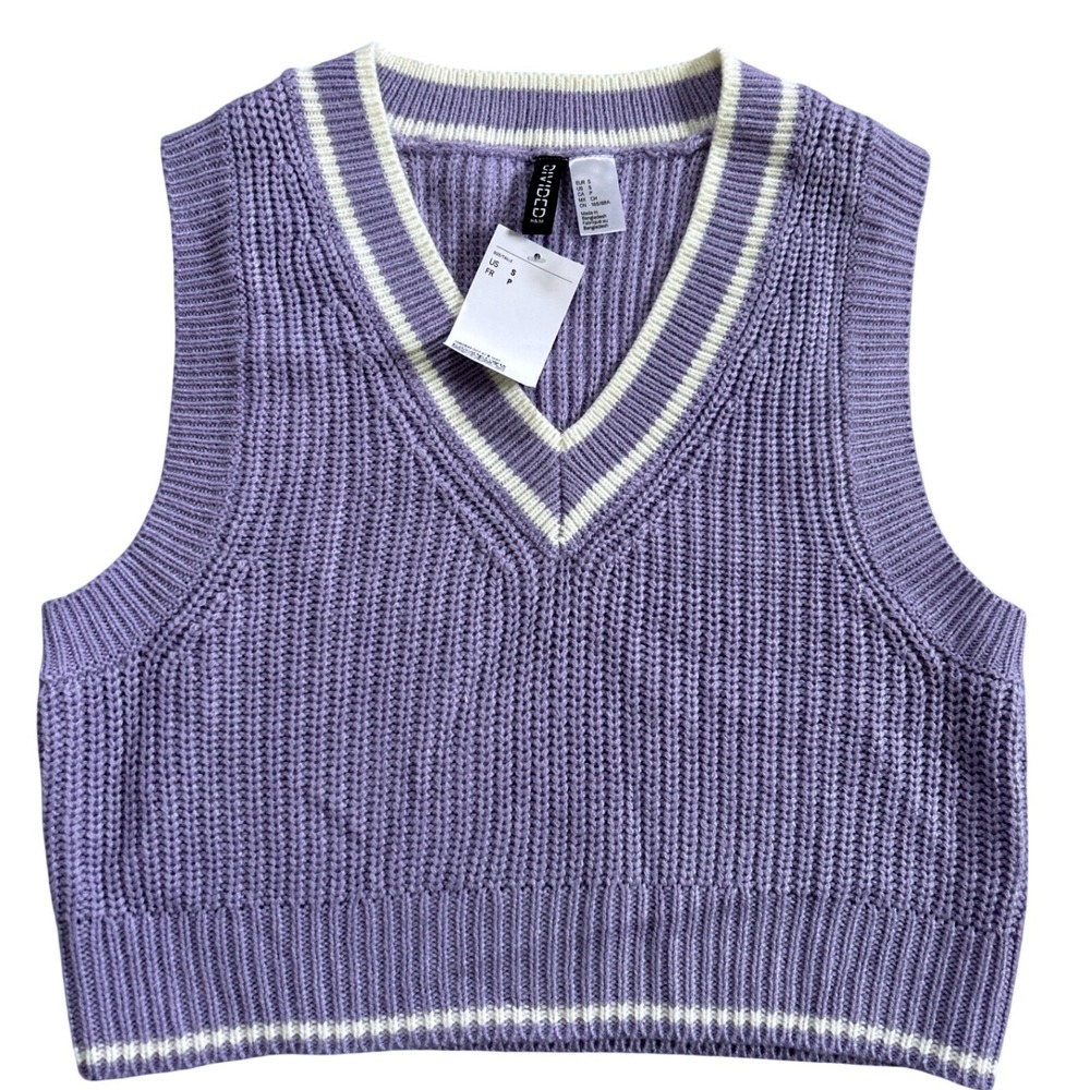 H&M Divided Purple Knit V-Neck Sweater Vest Women's Size S Preppy Striped Trim
